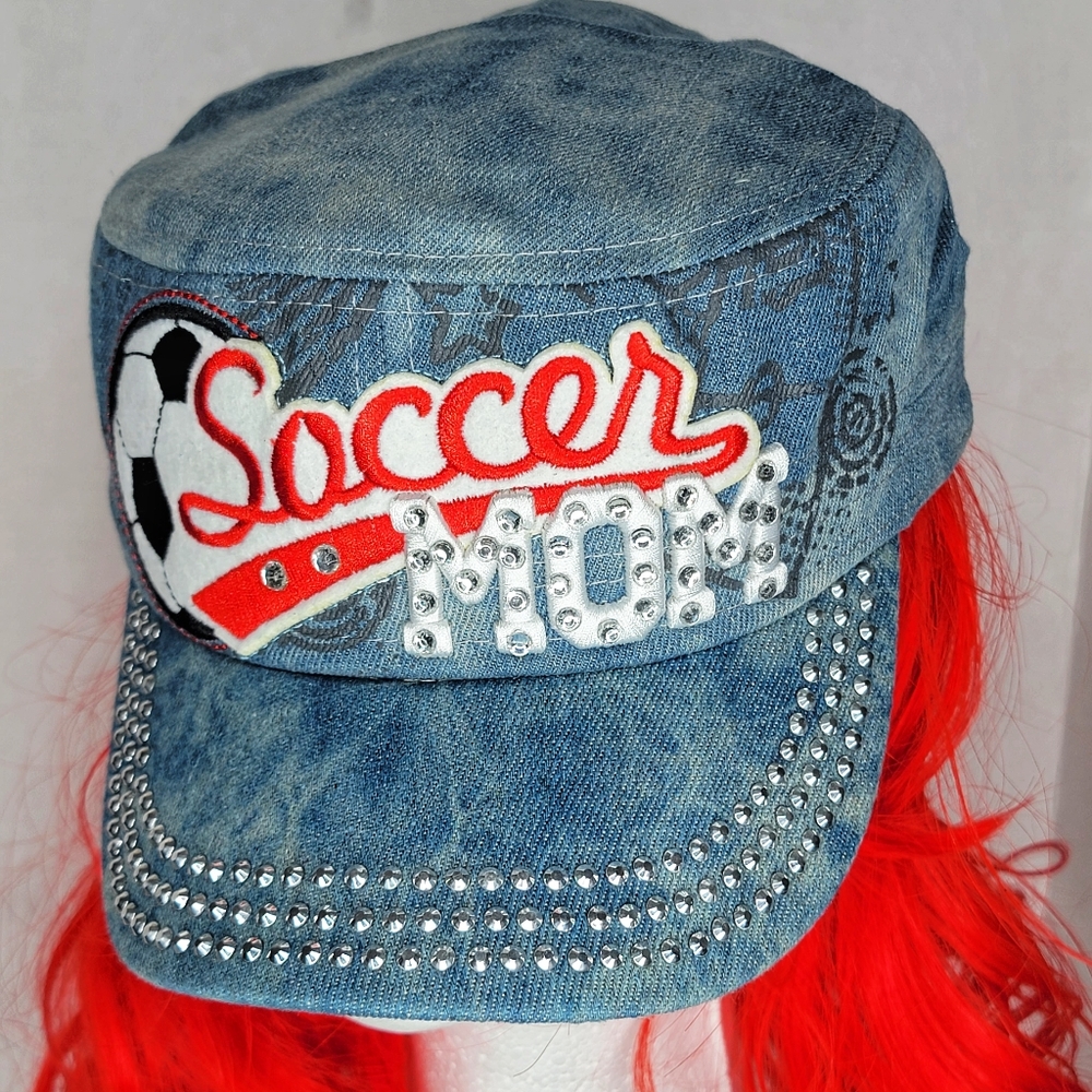 H25228 NWT Professional Style Rhinestone Soccer MOM Cadet Cap - Light Blue Denim